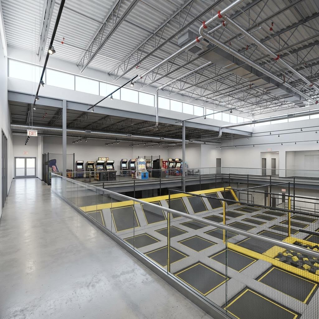 Interior of an indoor family entertainment center with trampoline courts, arcade area and clear exit paths