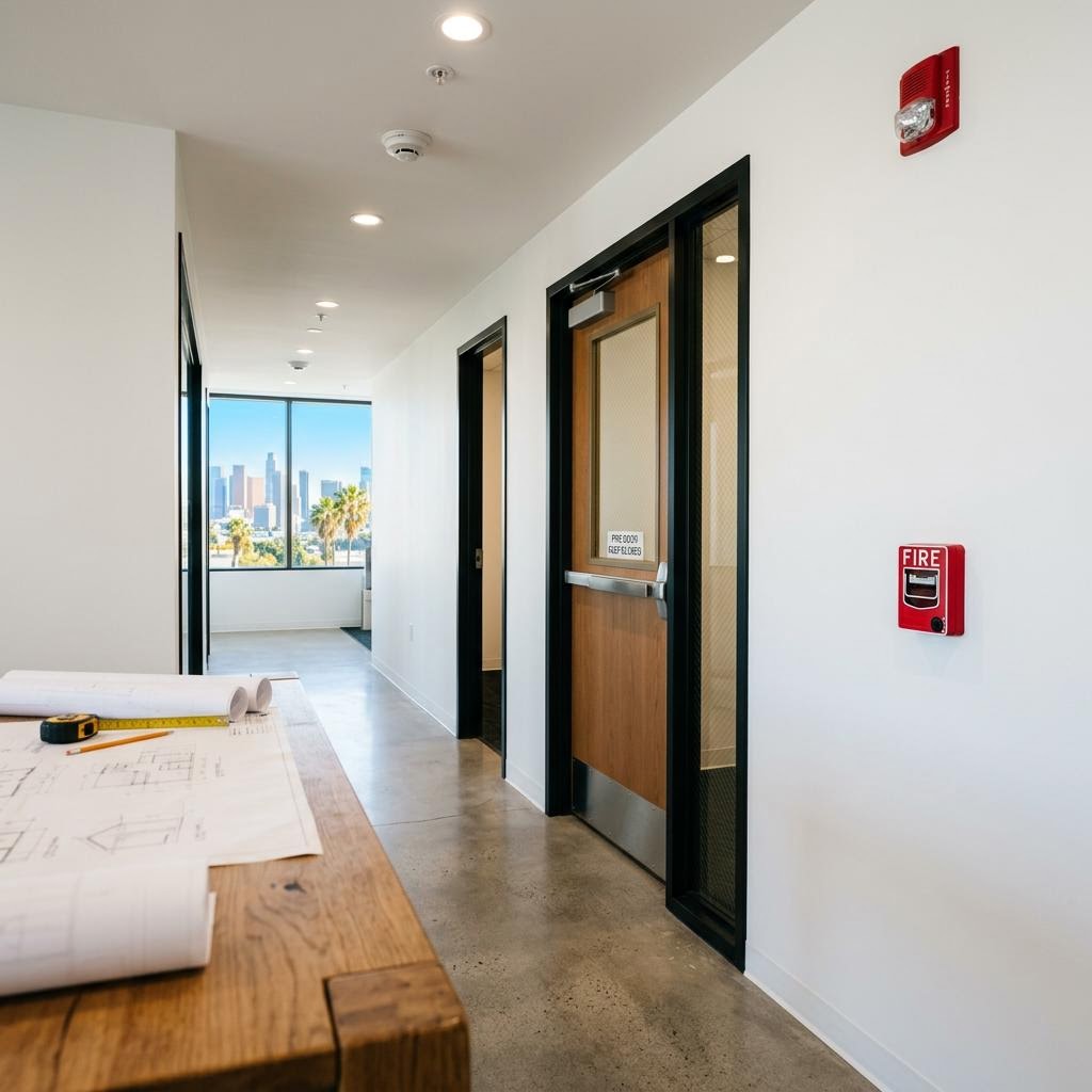Illustrative commercial corridor with a fire alarm pull station, ceiling detectors and alarm notification equipment