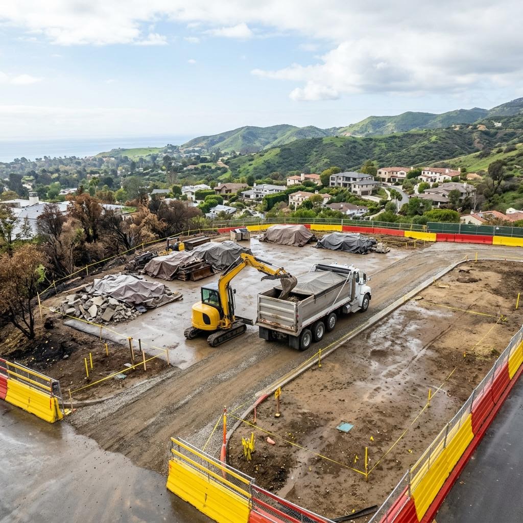 Cleared burn-site building pad with graded soil and a perimeter fence after fire debris removal in Los Angeles