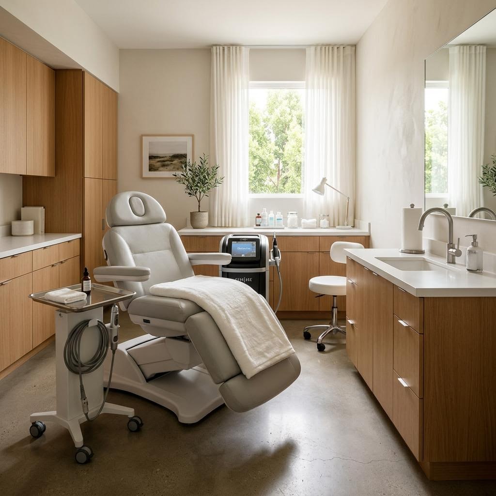 Representative Los Angeles medical aesthetics suite under construction with treatment rooms, handwash sinks and a reception area