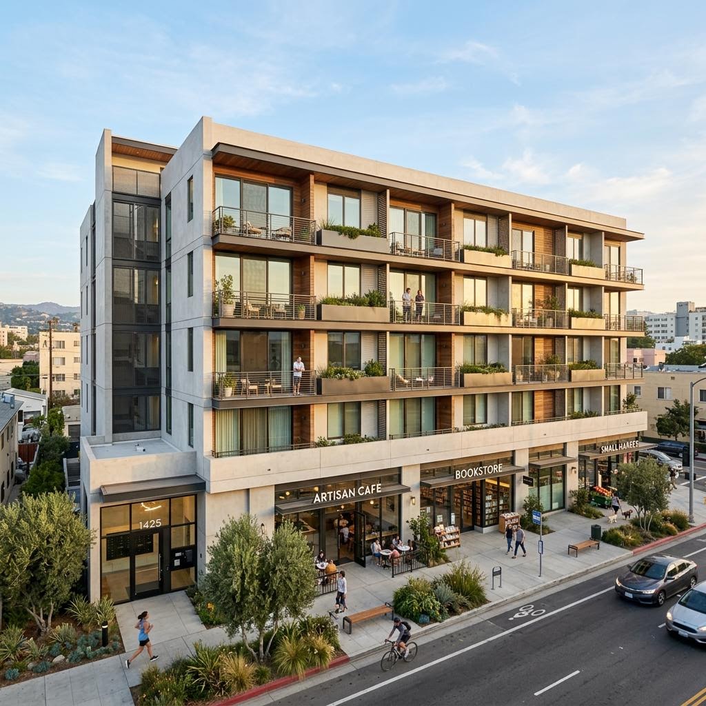 Mixed-use building with ground-floor storefronts and apartments above in Los Angeles