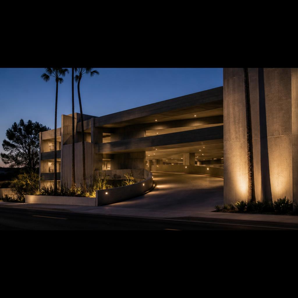Multi-level concrete parking structure with landscaped entry in Los Angeles