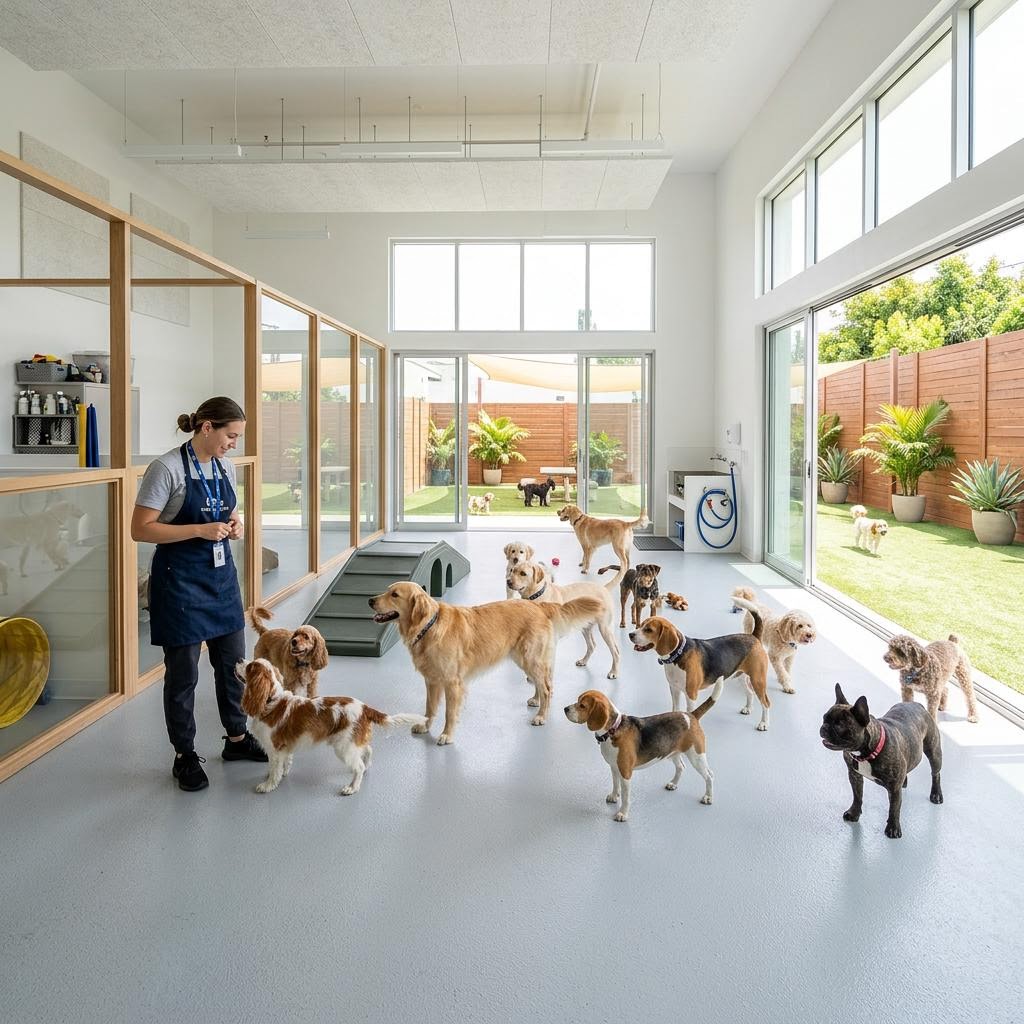 Illustrative commercial dog daycare with supervised dogs, clean indoor play space and a secure exercise courtyard