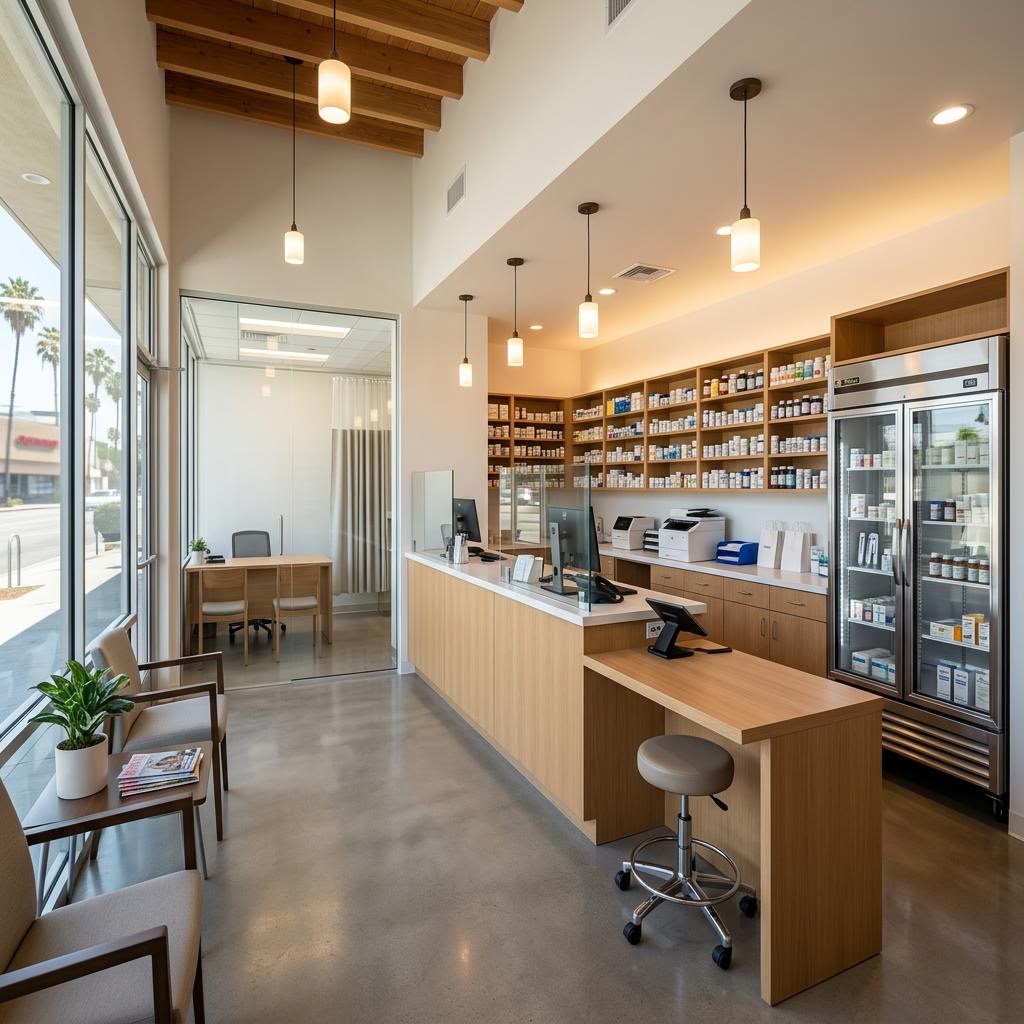 Los Angeles pharmacy interior with dispensing counter prepared for a tenant improvement