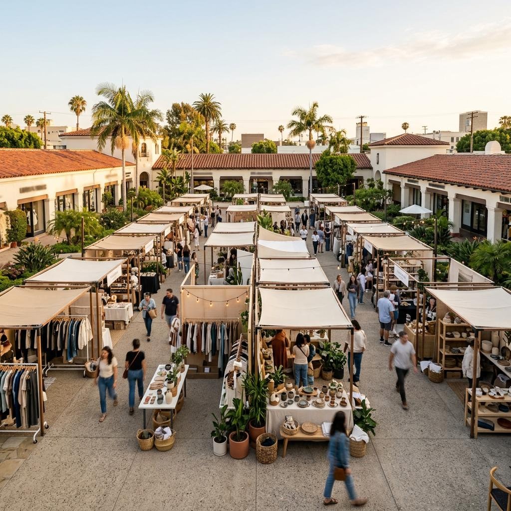 Outdoor pop-up market with canopy stalls selling clothing and ceramics in a Los Angeles courtyard