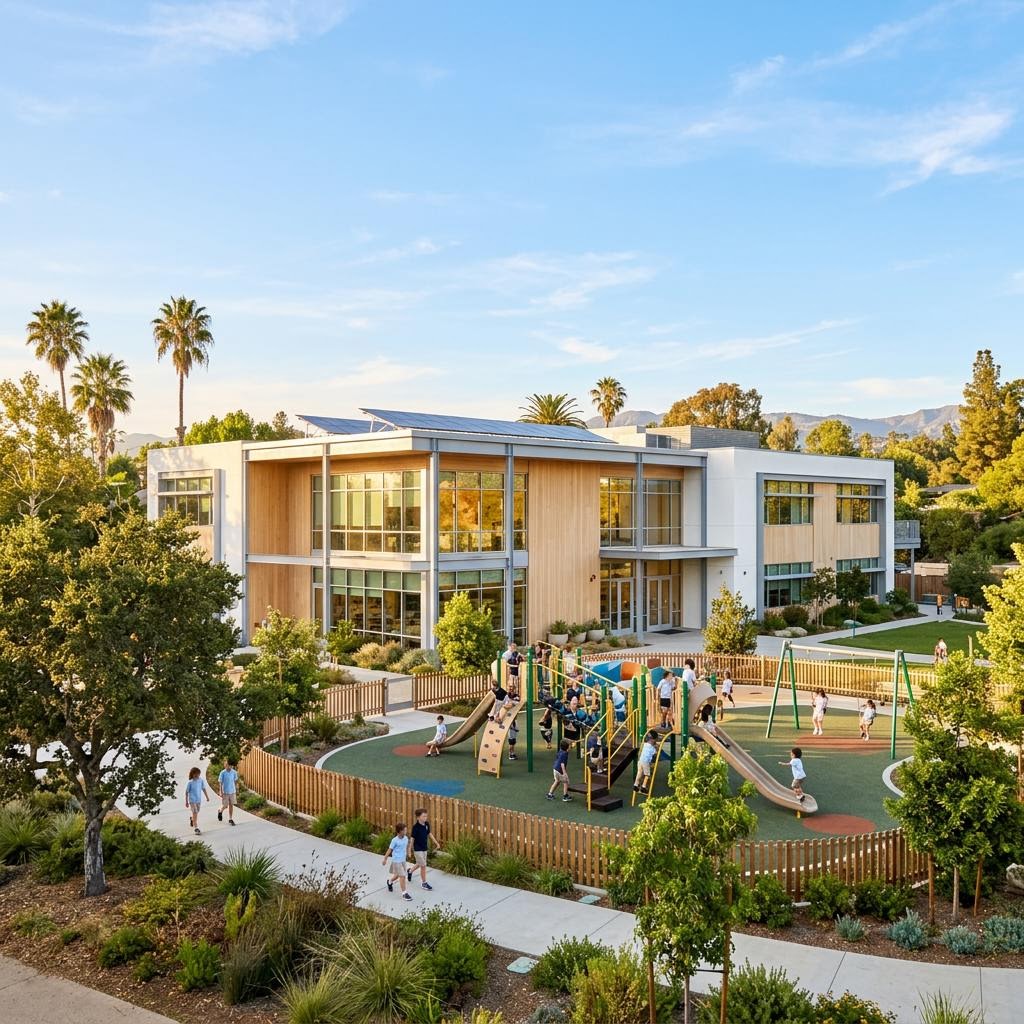 Bright modern private school classroom building in Los Angeles