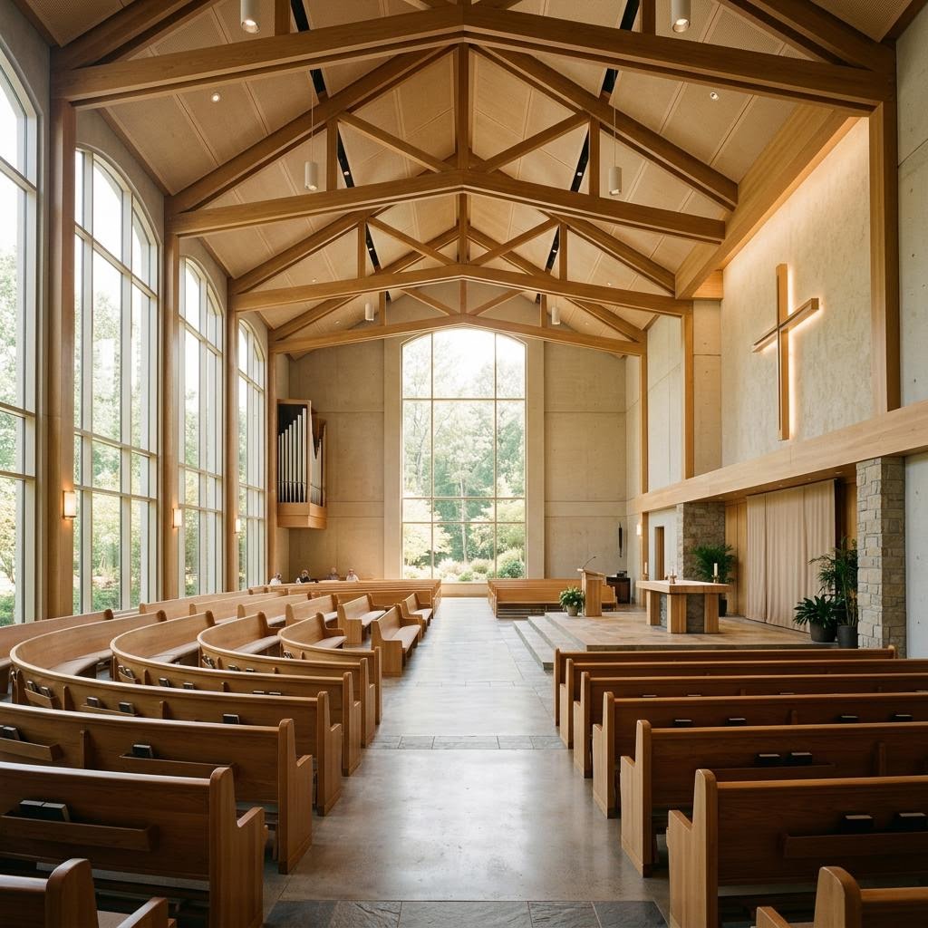Warm, light-filled sanctuary interior in a Los Angeles house of worship