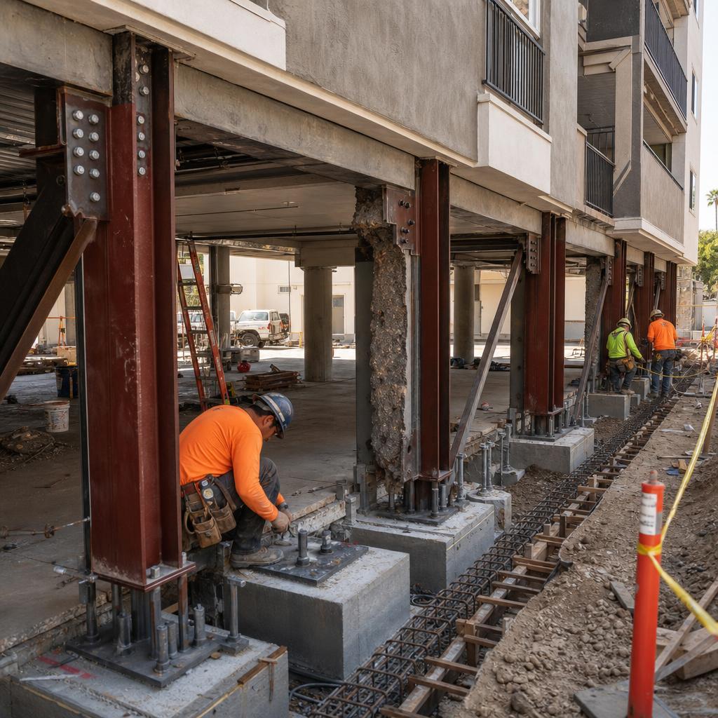 Seismic retrofit structural reinforcement construction at a Los Angeles soft-story apartment building