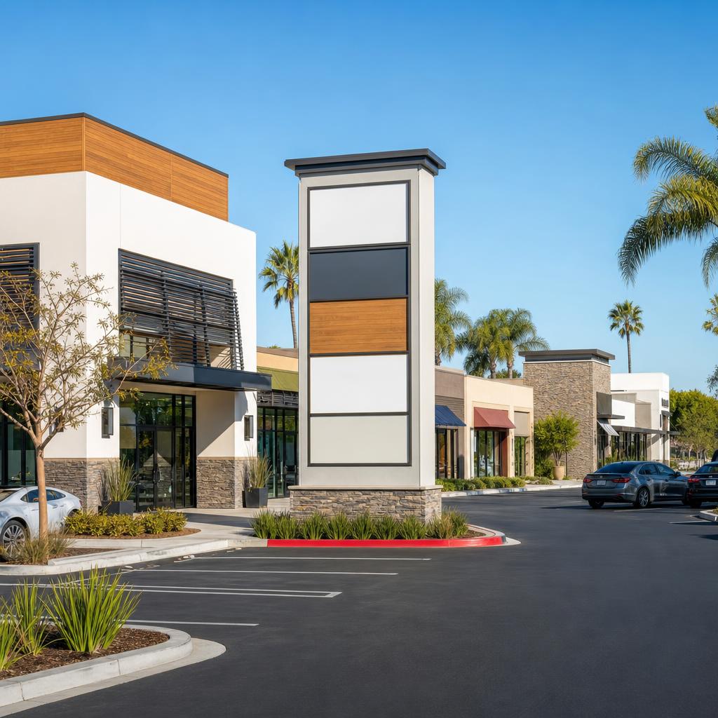 Multi-tenant shopping center and strip mall with parking lot in Los Angeles