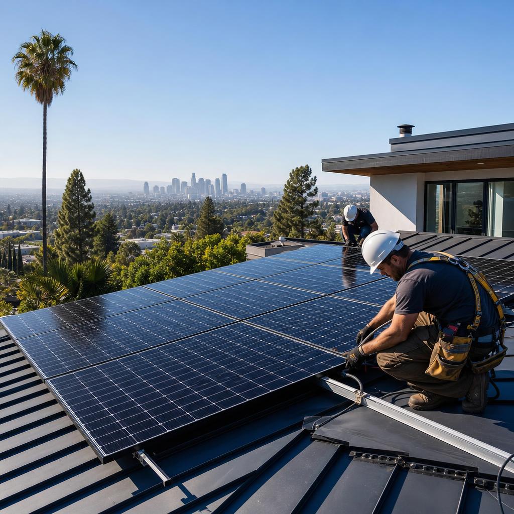Rooftop solar panel installation on a Los Angeles home under clear sky