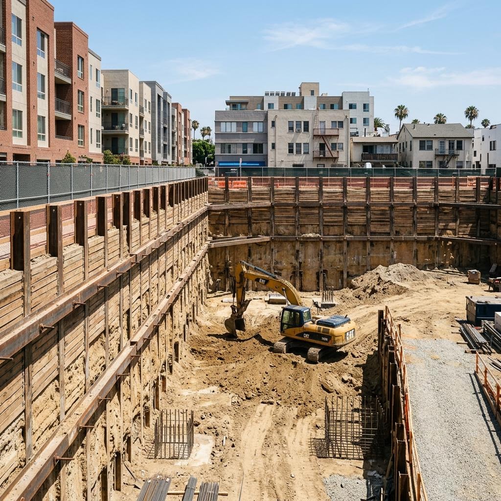 Illustrative urban excavation supported by steel soldier piles and timber lagging with neighboring buildings beyond the site fence