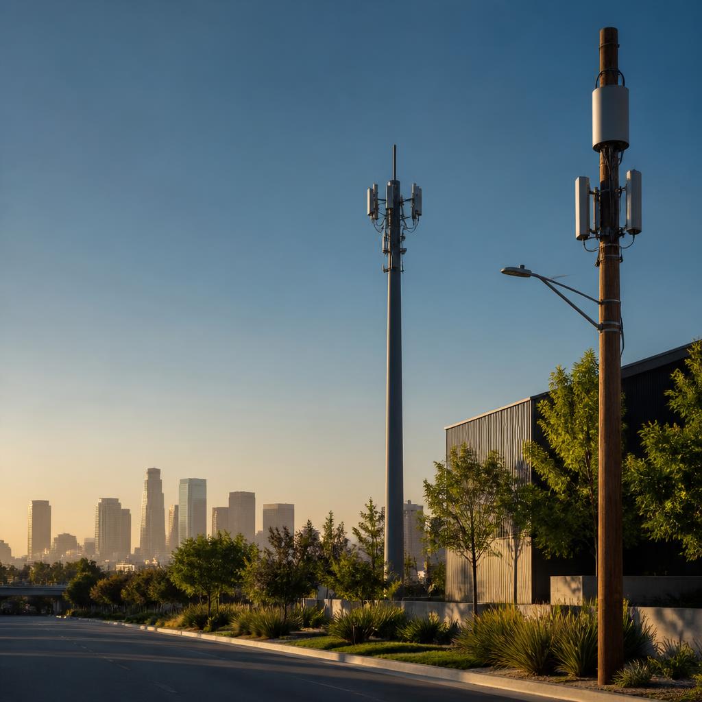 Wireless communication monopole and rooftop antenna equipment against the Los Angeles skyline