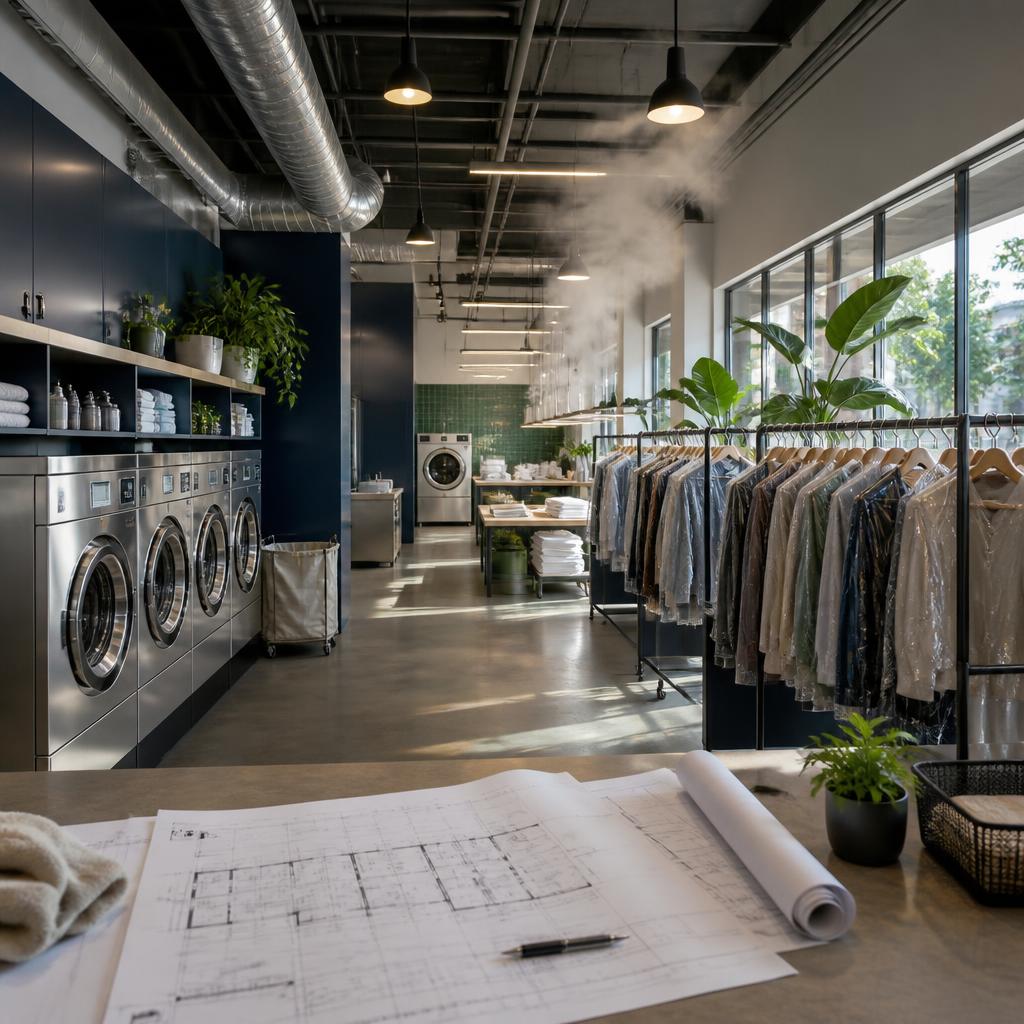 Commercial washers, dryers, garment racks, and permit plans in a Los Angeles laundry facility
